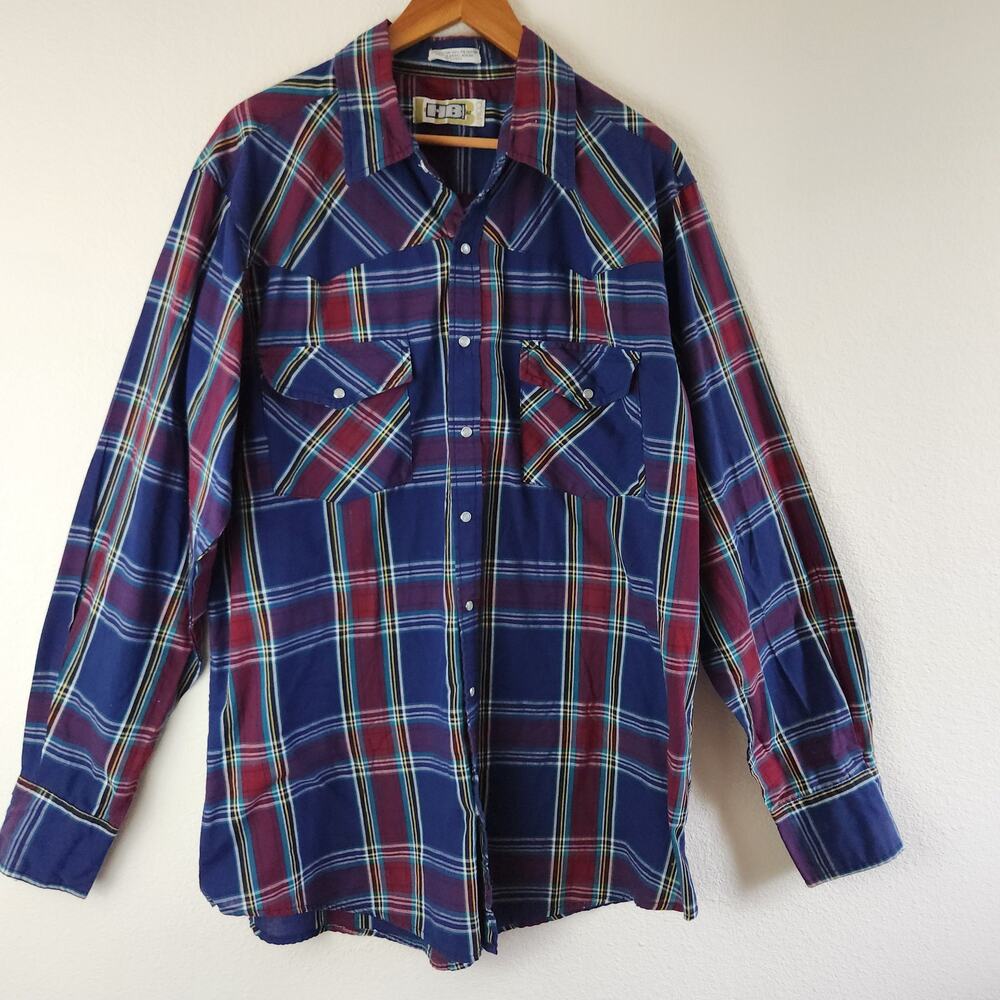 HB Company Men's XL Tall Pearl Snap Long Sleeve Red Blue Plaid Shirt
